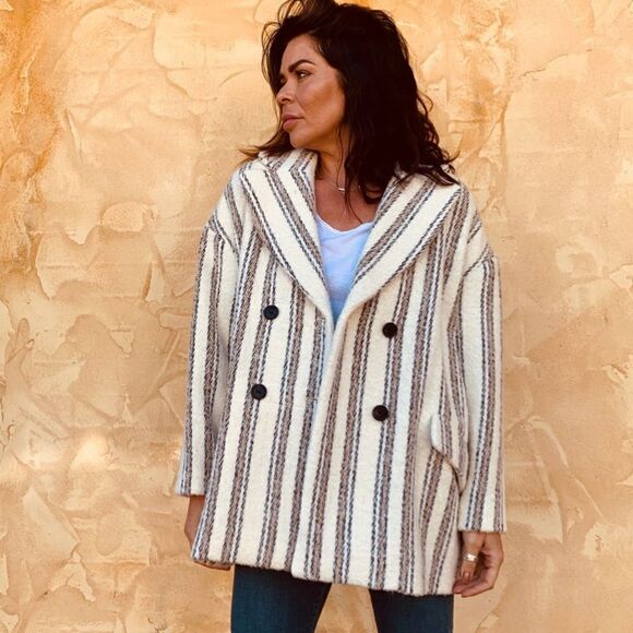 NWT Ba&Sh Fillie Alpaca Wool Grey White Pea Coat Blend Striped Size M - Picture 9 of 16